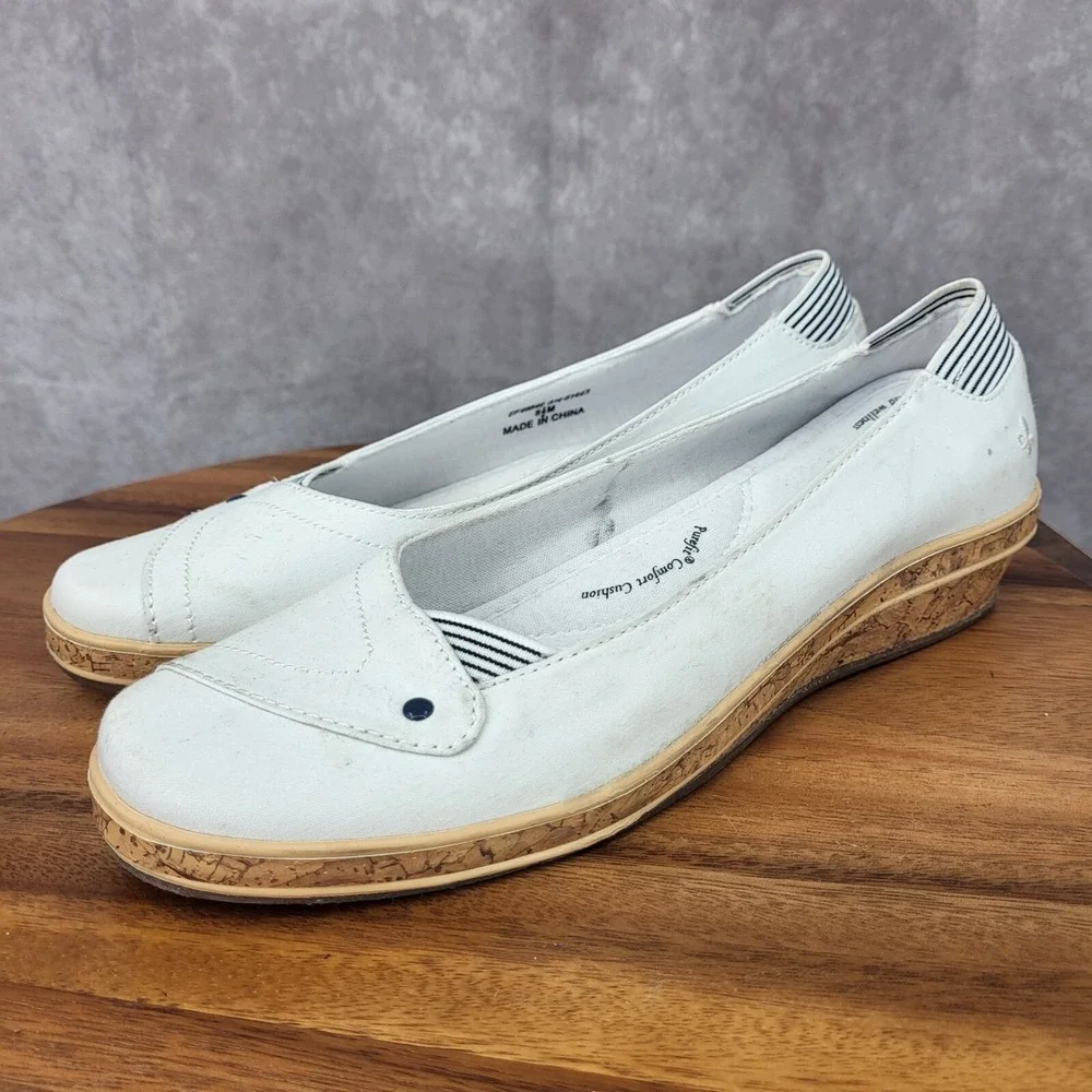 Grasshoppers Wedge Sandals Womens 8.5 White Cork Canvas Slip On Comfort Shoes‎